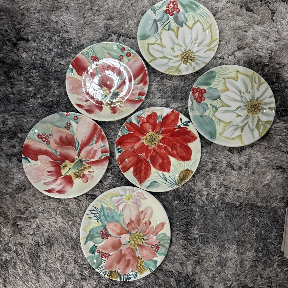 Pfaltzgraff Floral Poinsettia Dinner Plates in Red, Green, Cream